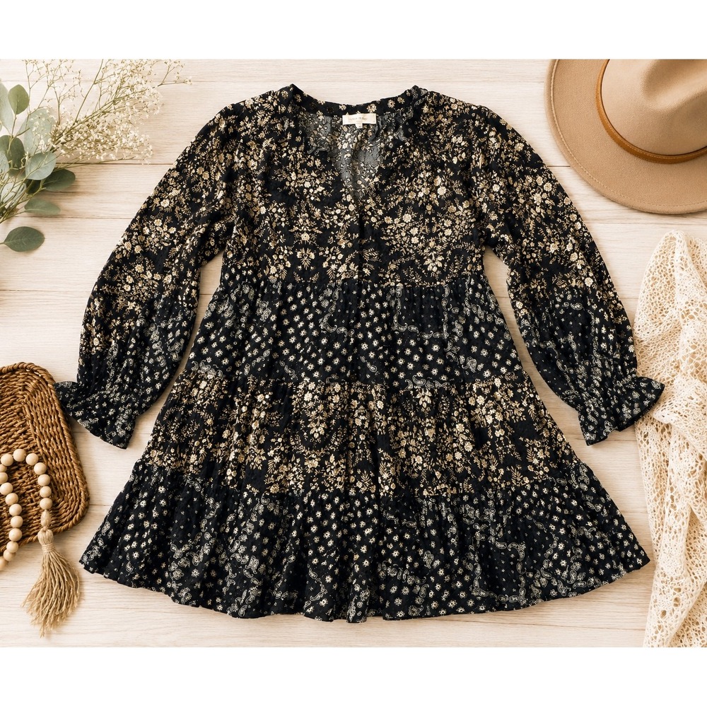 Promesa Women Boho Tiered Mini Dress M Black Tan Floral Paisley Patchwork V-Neck